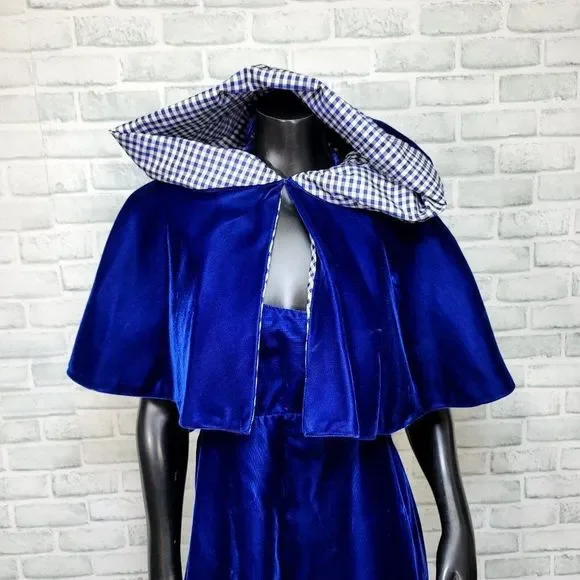 Vintage 70s 80s Union Made Blue Velveteen Maxi Dress Hooded Mantle Set Gingham